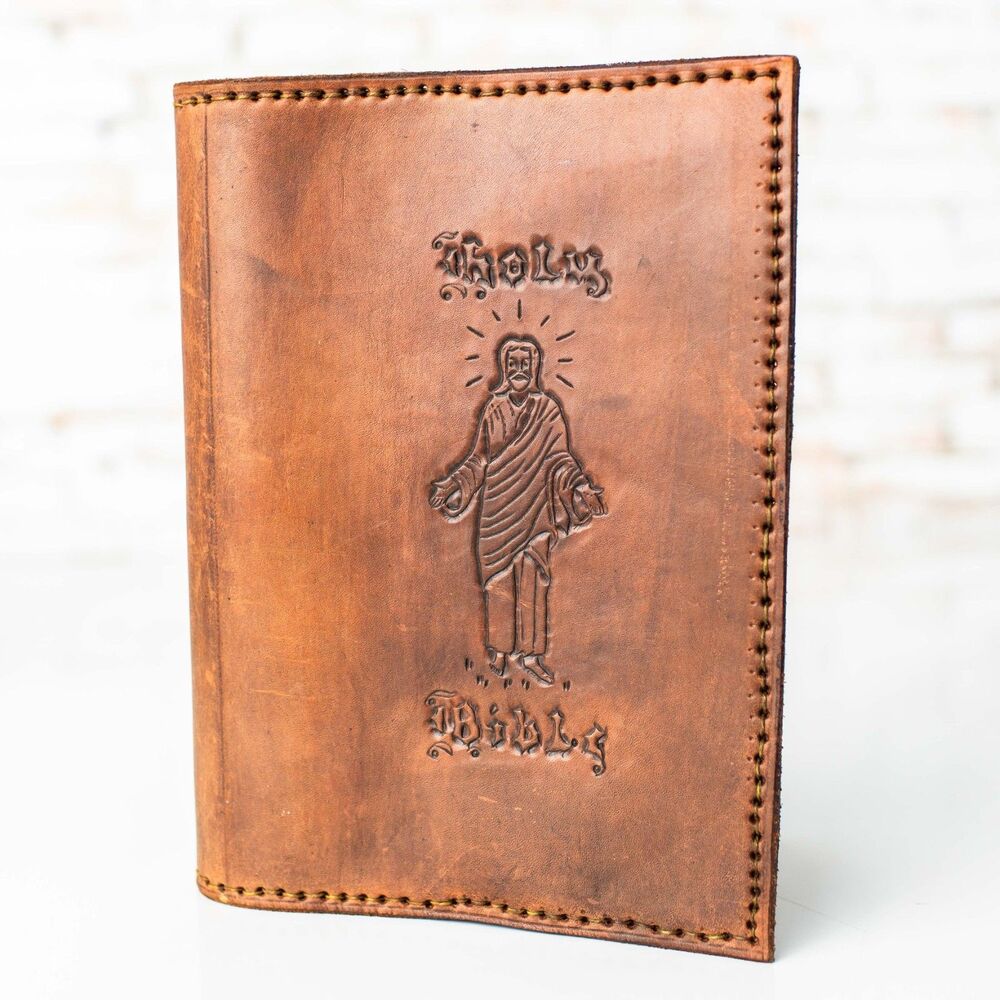 Vintage Handmade Leather Holy Bible Cover Jesus Cross Tooled Lee R Blake Signed